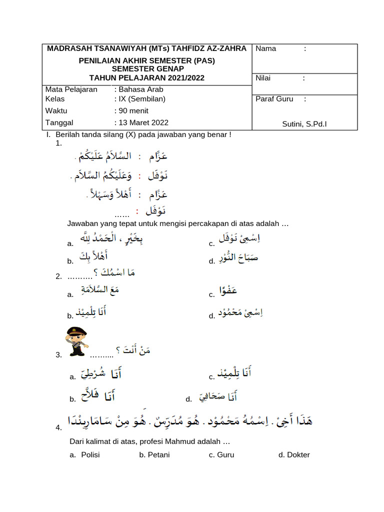 Soal Bahasa Arab Kelas 9 Semester 2 | PDF
