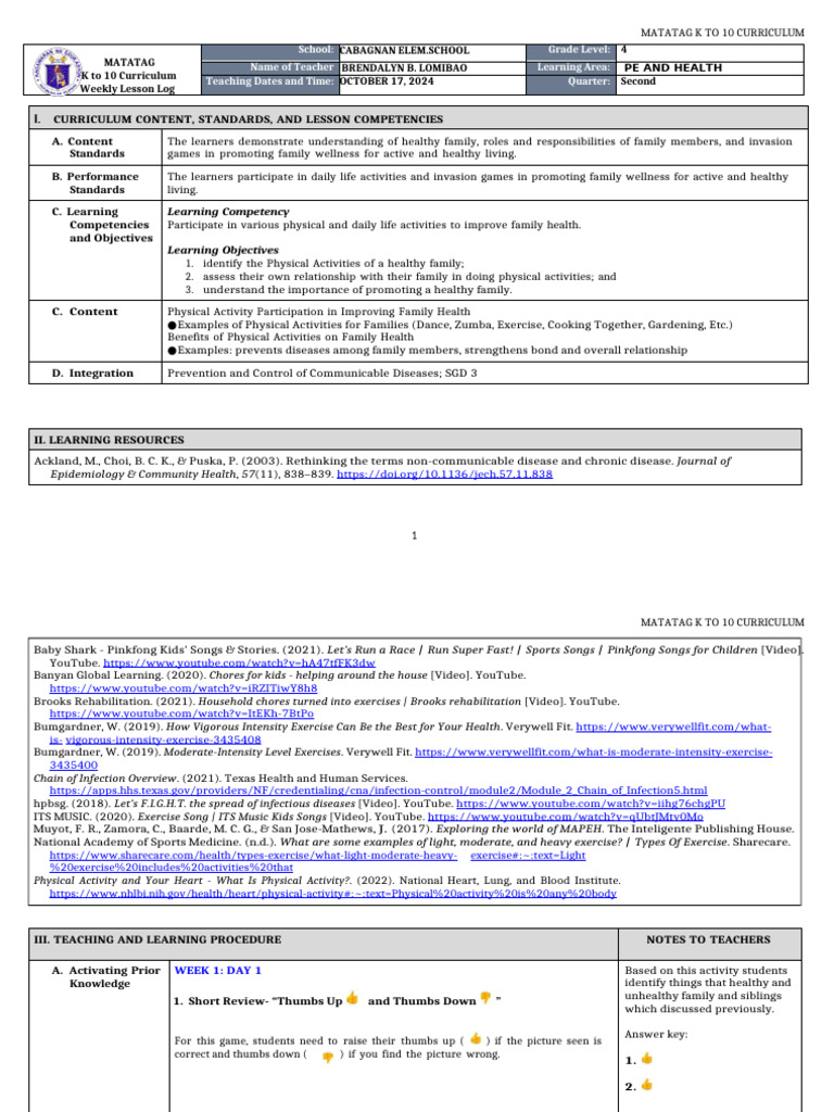 DLL Matatag - Pe & Health 4 Q2 Week1-3-4 | PDF | Infection | Medical ...