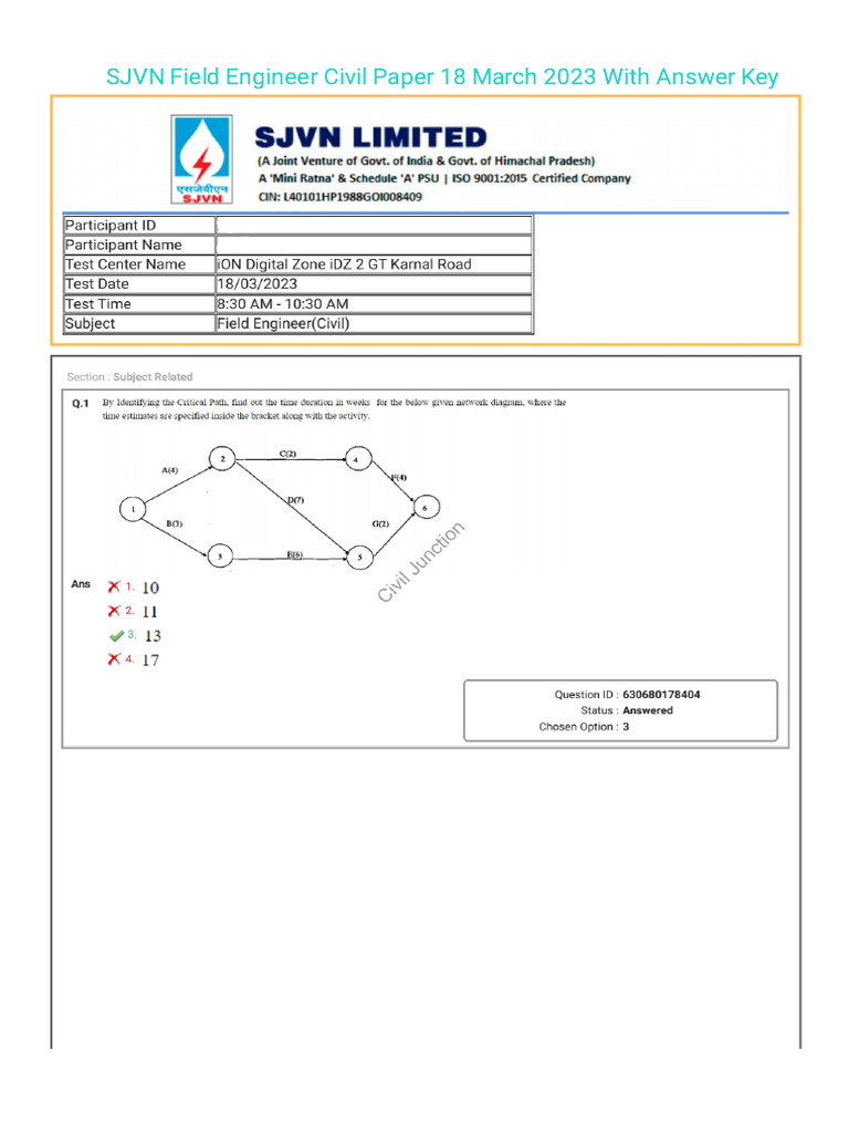 SJVN Field Engineer Civil Paper 18 March 2023 With Answer Key Civil | PDF
