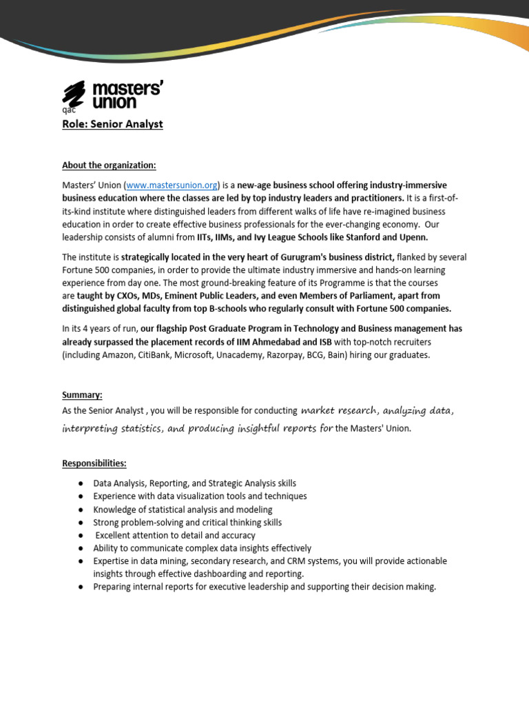 Senior Analyst Role at Masters' Union | PDF | Data Analysis | Data