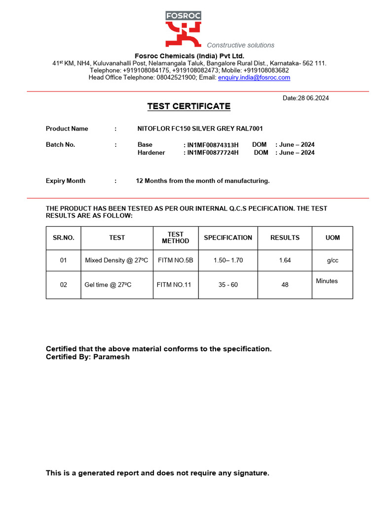 NITOFLOR FC150 Test Certificate Summary | PDF