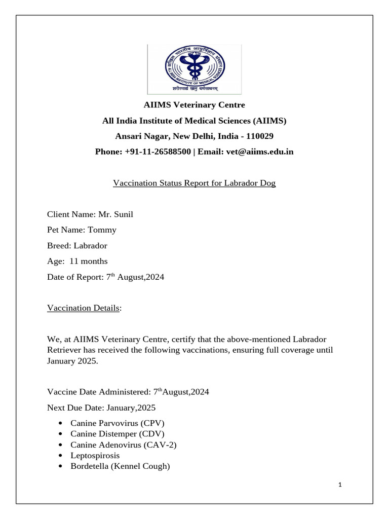 Labrador Vaccination Report - AIIMS | PDF | Wellness