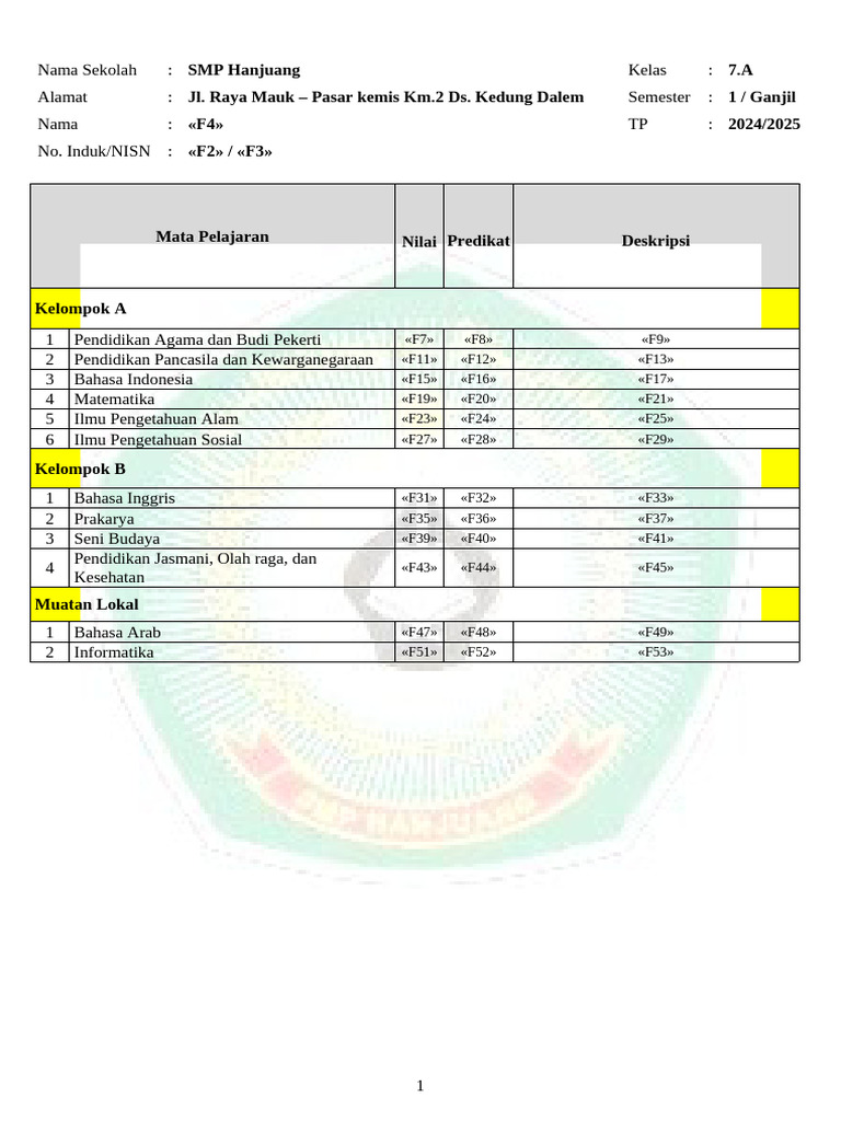 Rapor Semester Ganjil SMP 2024 | PDF