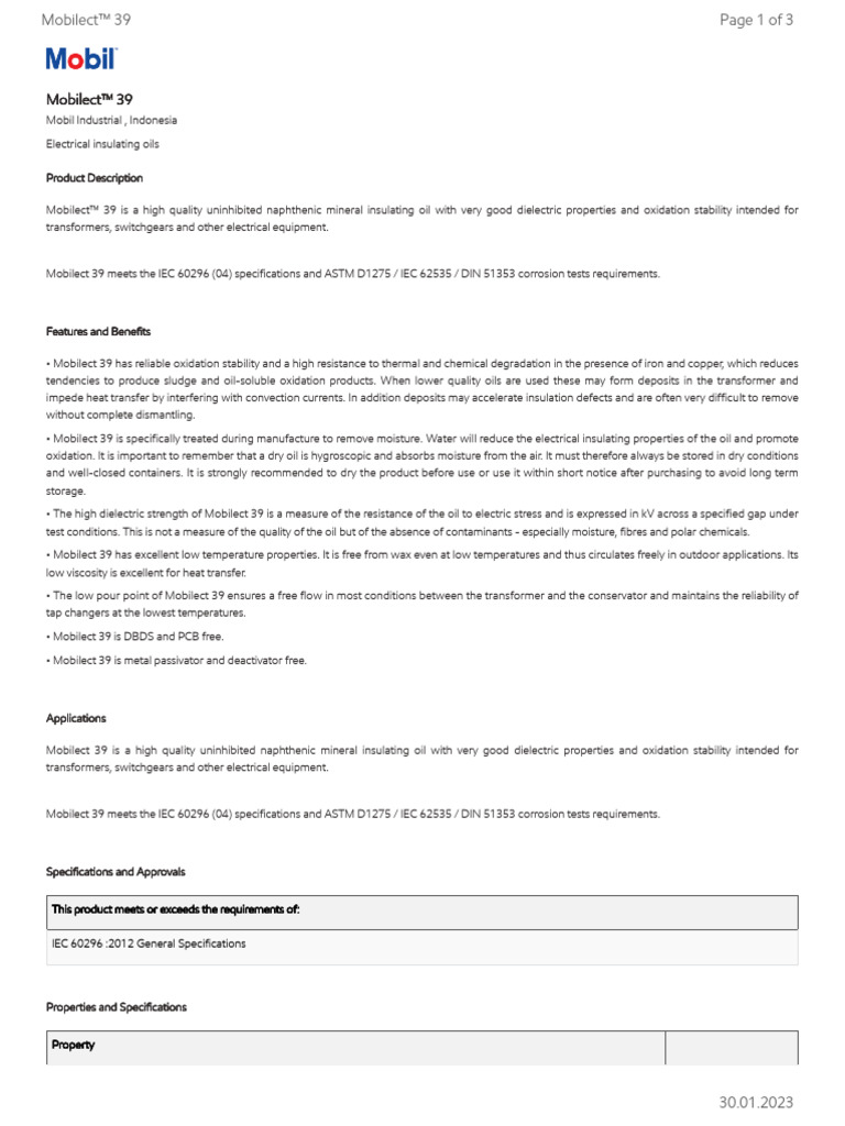 Mobilect™ 39: Premium Insulating Oil | PDF | Materials Science ...