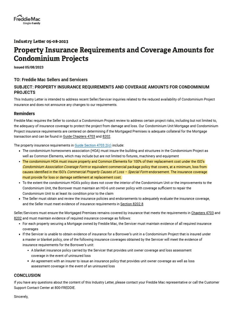 Freddie Mac Industry Letter 05082023 Insurance Requirements Condos
