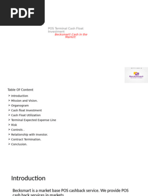 CASH FLOAT INVESTMENT