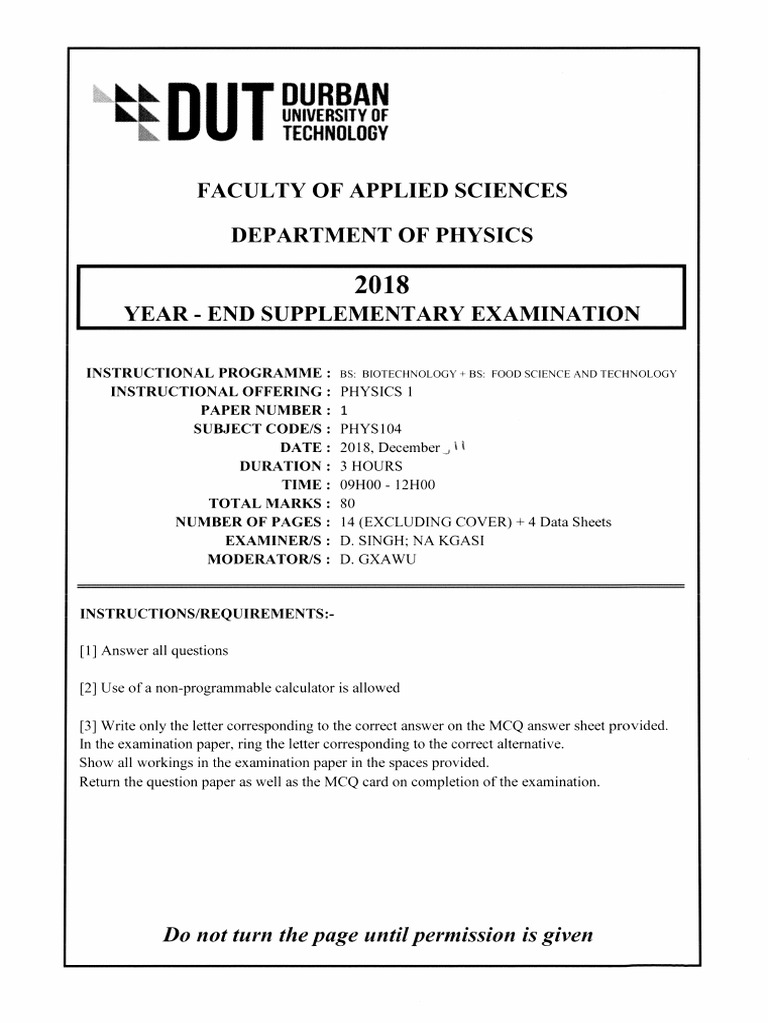 2018 Year End Supp QP Physics 1 Phys104 | PDF