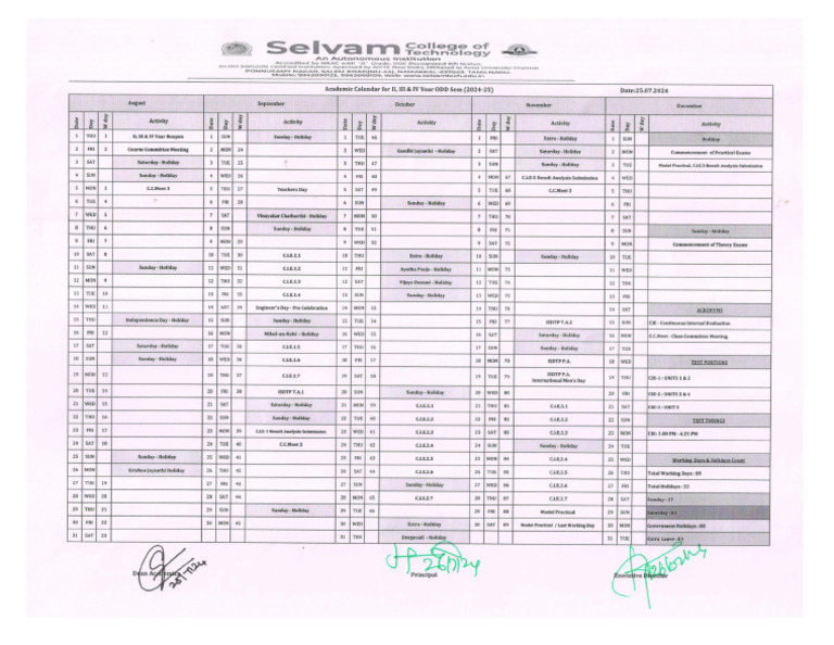 Academic Calendar II, III, IV Year ODD Sem (2024-25) | PDF