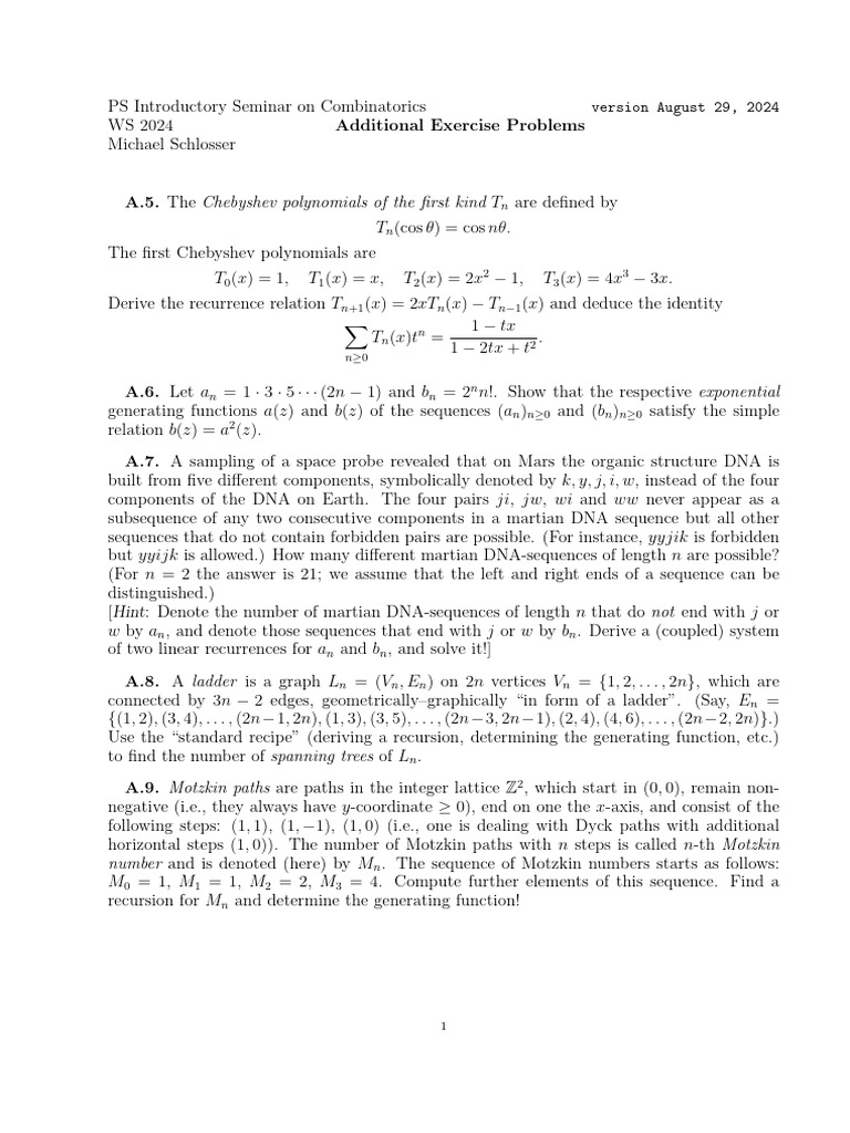 Combinatorics Seminar Exercises and Problems | PDF | Sequence ...