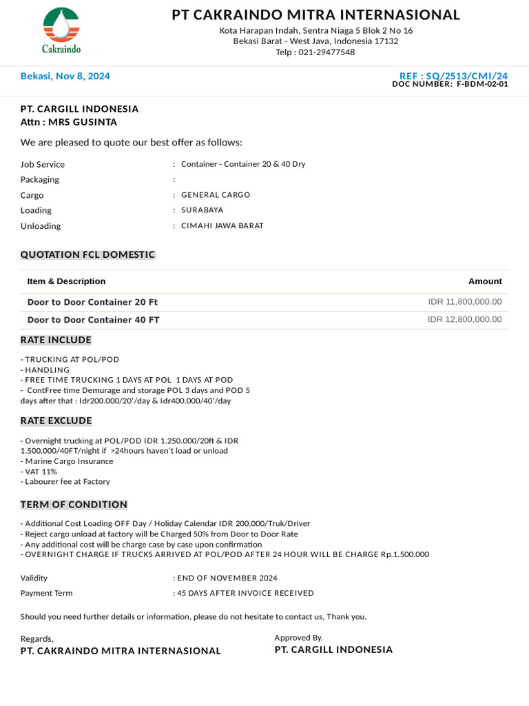 Quotation FCL Domestic Cargil | PDF
