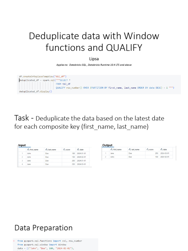 Deduplicate Data With Window Function and QUALIFY | PDF