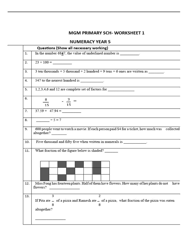 Year 5 Numeracy Worksheet Answers | PDF