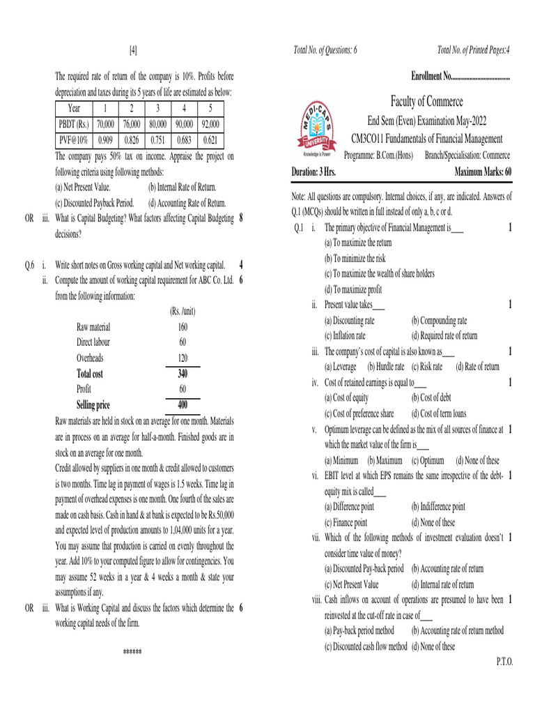 Financial Management Exam Overview Pdf Cost Of Capital Leverage