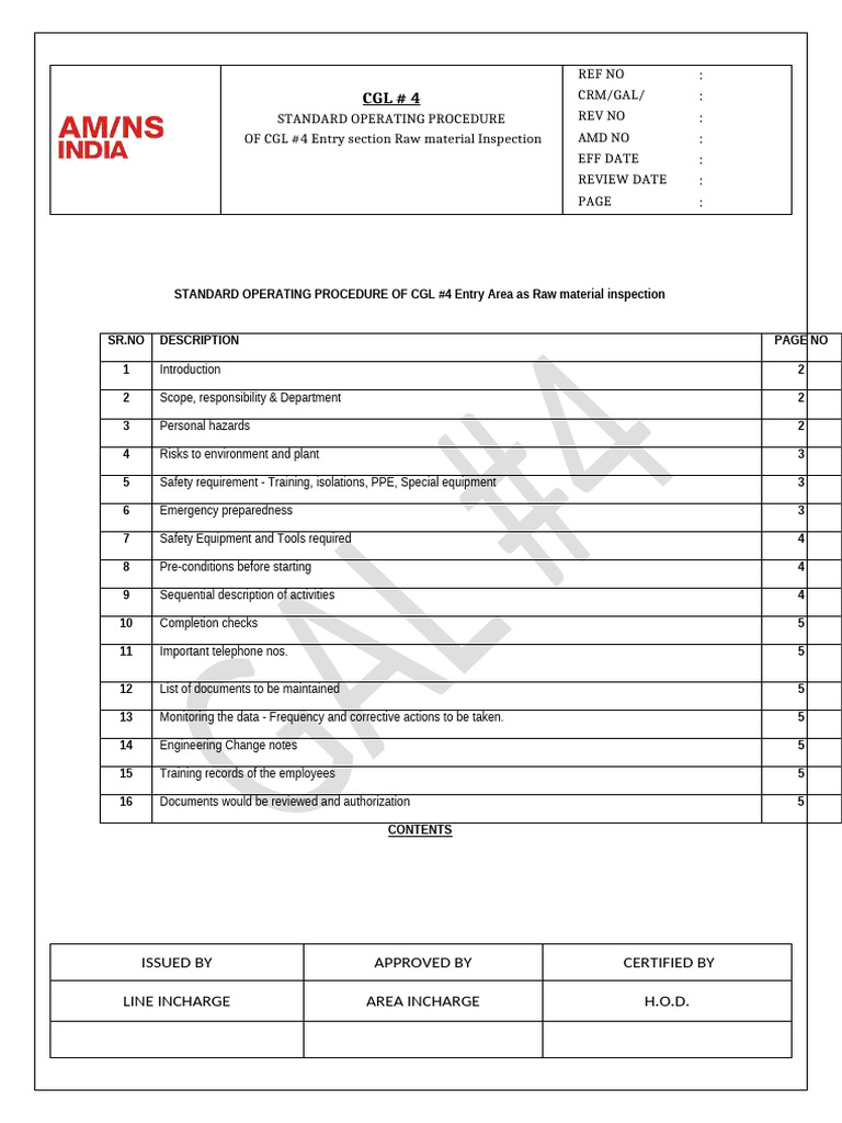 CGL #4 Raw Material Inspection SOP | PDF | Personal Protective ...