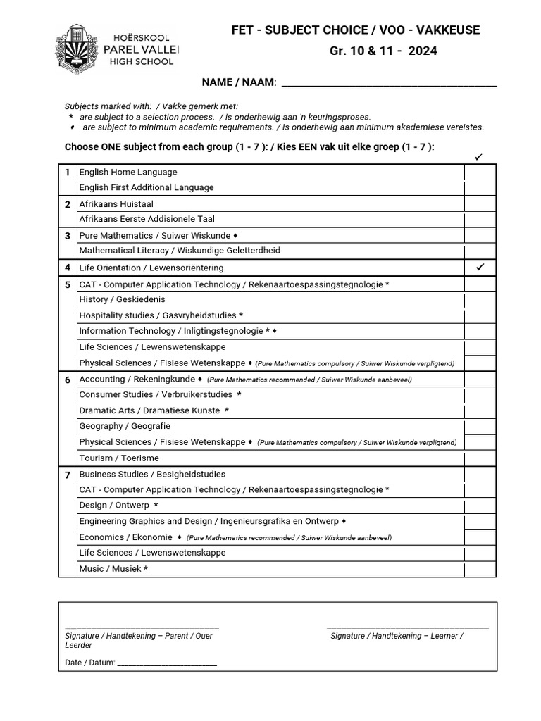 Subject Choice Form Vakkeusevorm | PDF