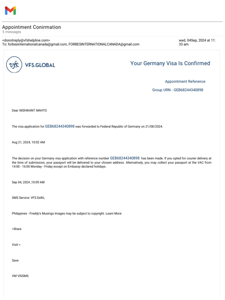 Germany Visa Appointment Confirmation | PDF