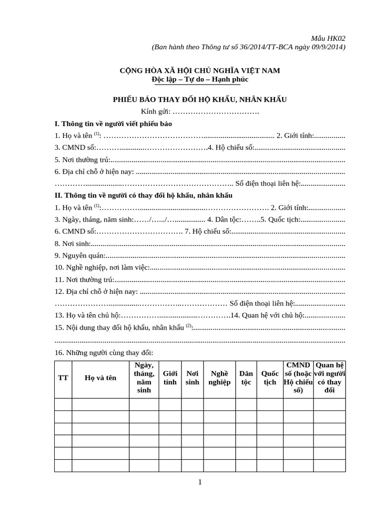 Mẫu HK02 - phieu bao thay doi ho khau | PDF