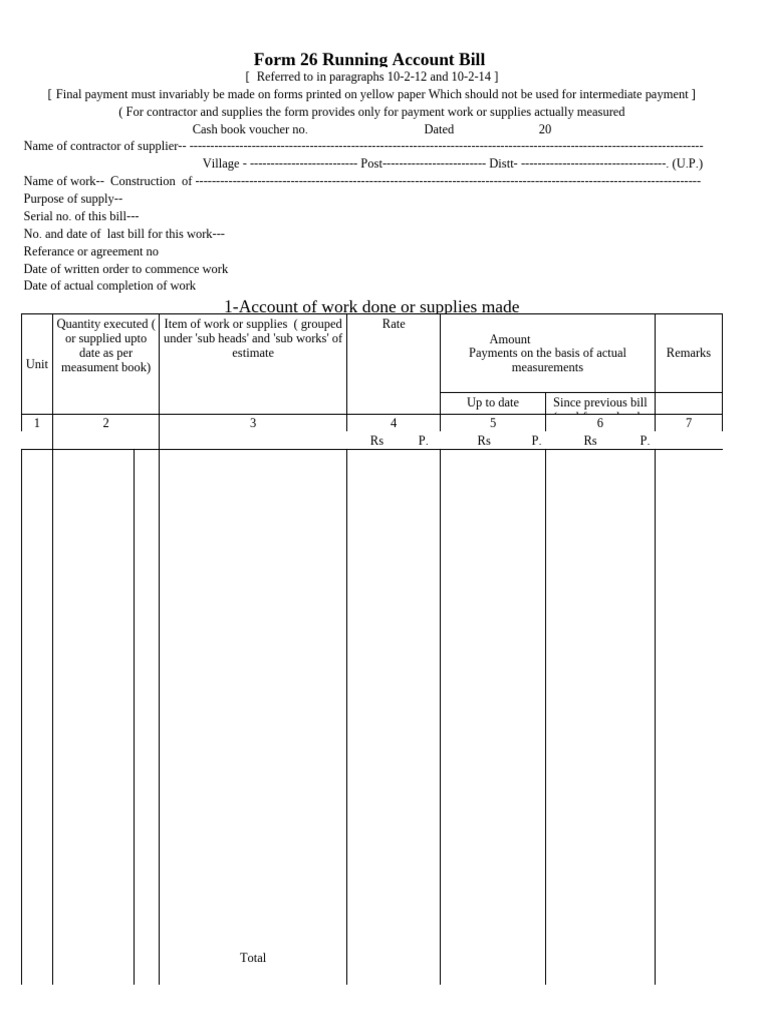 Form 26 Running Account Bill Template | PDF | Cheque | Payments