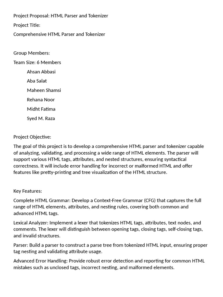 HTML Parser and Tokenizer Proposal | PDF | Parsing | Html
