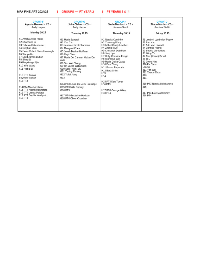 MFA FA 24-25 - Groups Year 2 | PDF