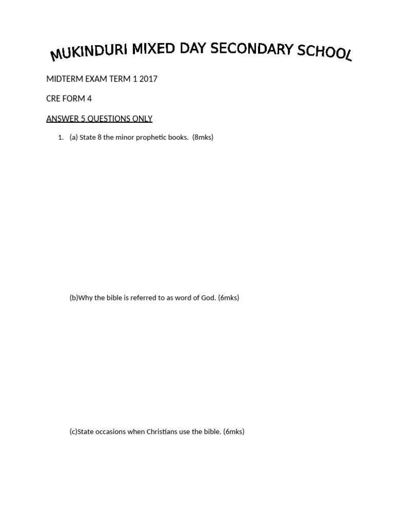 Midterm Exam Term 1 2017: CRE Form 4 | PDF | Social Science | Religion ...