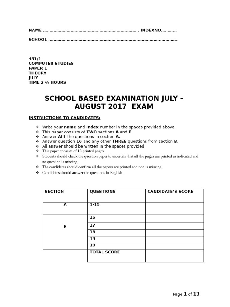 KCSE 2017 Computer Studies Paper 1 | PDF | Computing | Computer ...