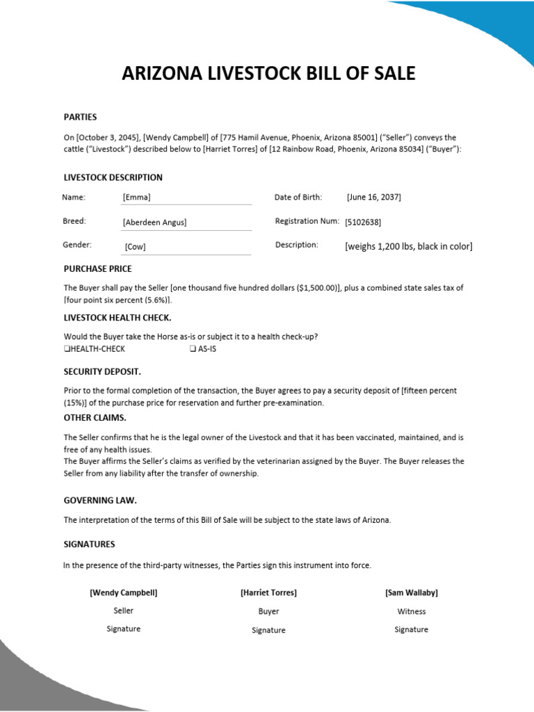 Arizona Livestock Bill of Sale | PDF for Free Printable Livestock Bill Of Sale