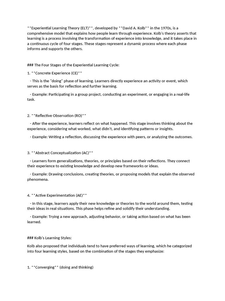 Experiential Learning Theory | PDF | Learning | Learning Styles