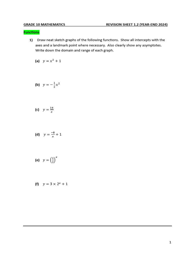 REVISION SHEET 1.2 (Functions) | PDF
