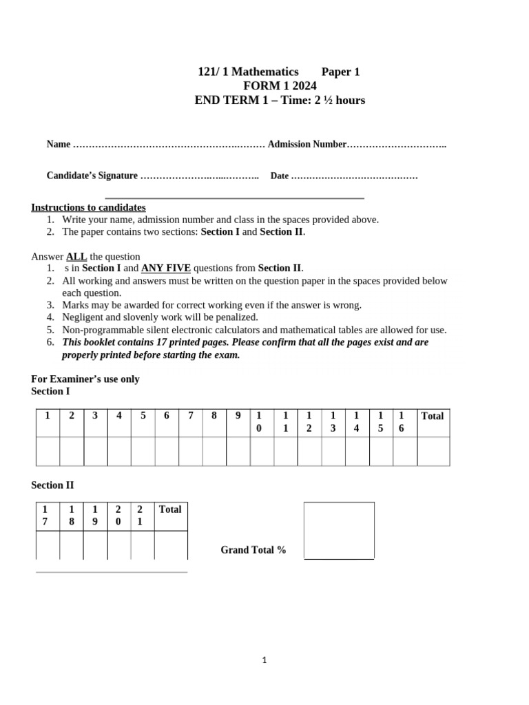 Form 1 Mathematics Question Paper | PDF | Arithmetic | Elementary ...