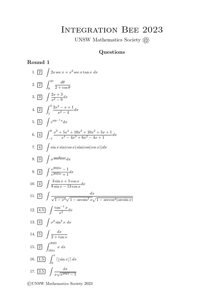UNSW Integration Bee 2023 Problems | PDF