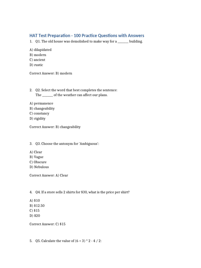 HAT Test Prep: 100 Q&A Practice | PDF