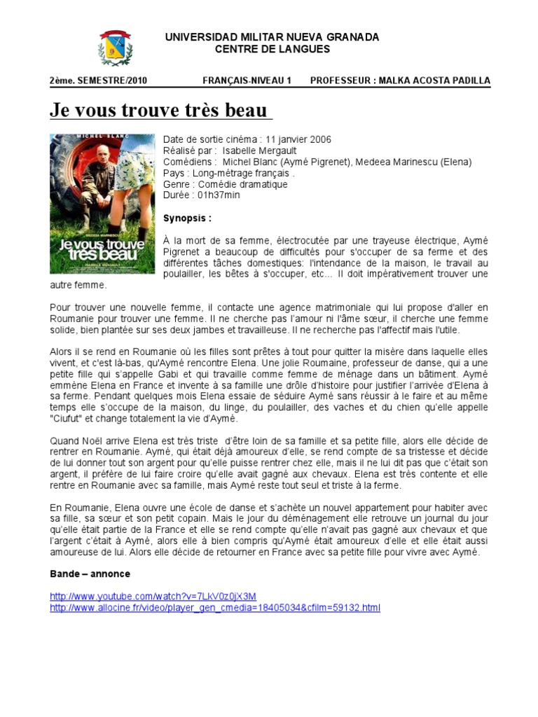 Fiche pedagogique  FilmJe vous trouve très beau  Fiction et