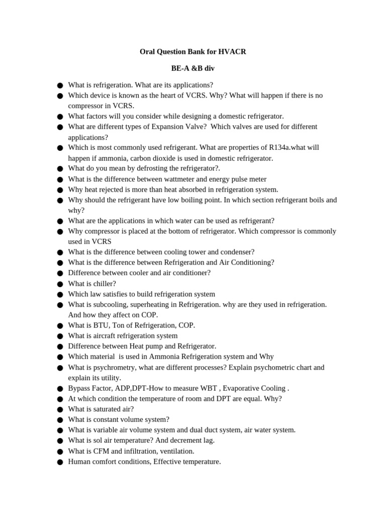 BE HVAC Oral Questions | PDF | Air Conditioning | Refrigeration