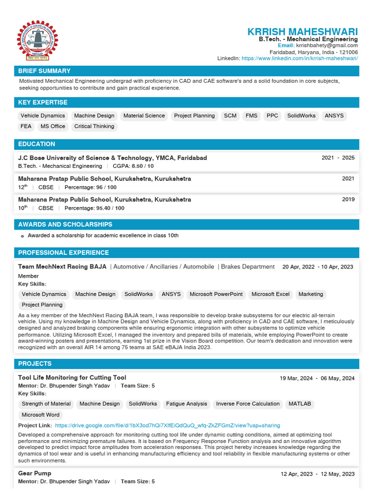 Mechanical Engineering Student Profile | PDF | Mechanical Engineering ...