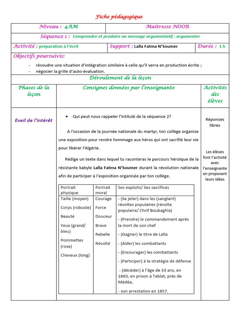 Rédaction sur Lalla Fatma N’Soumer | PDF