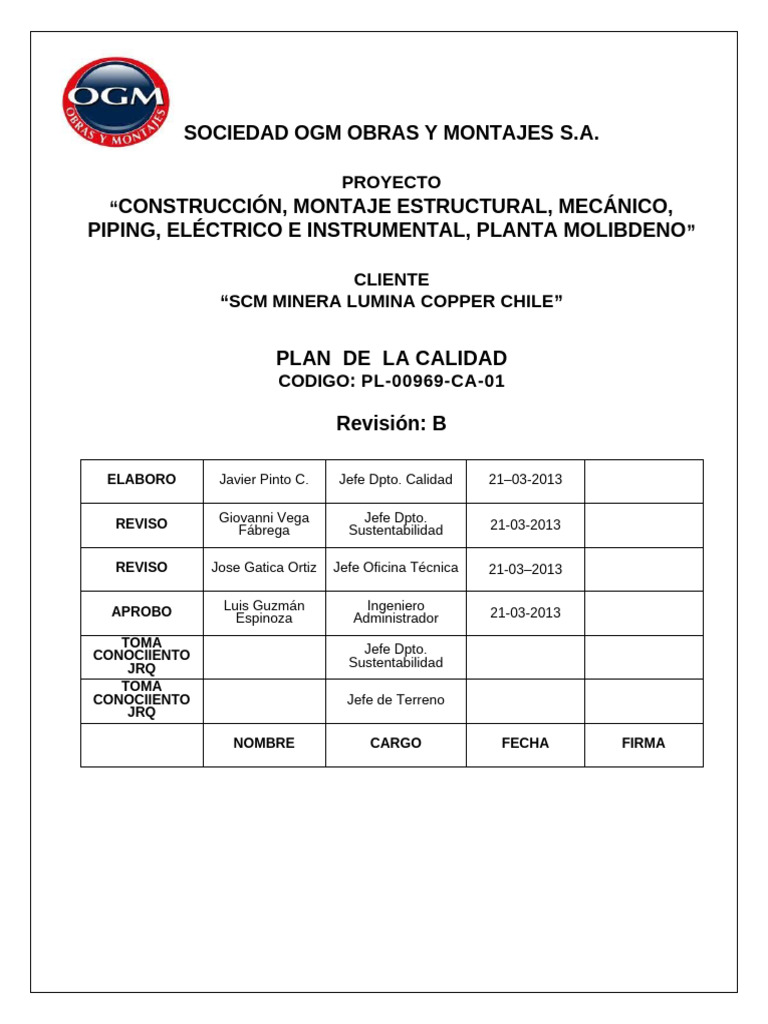 Plan de Calidad para Planta Molibdeno | PDF | Calidad (comercial ...
