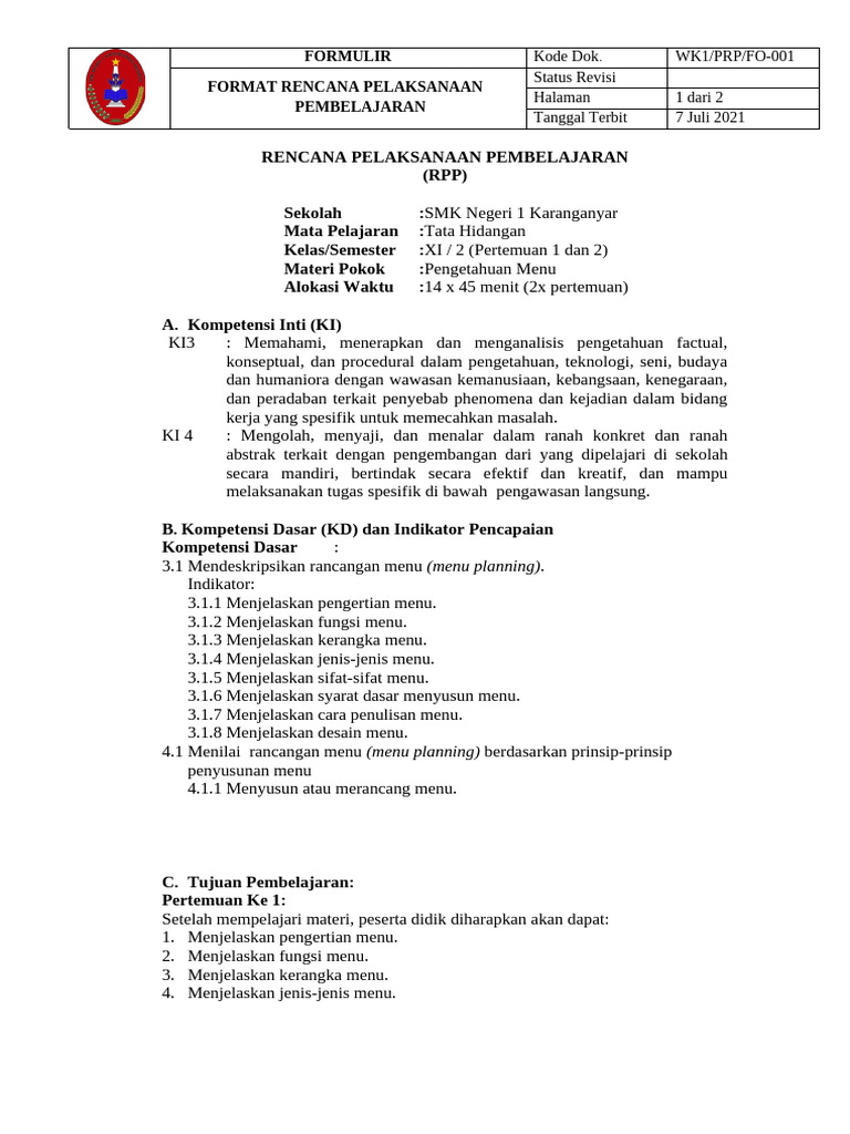 RPP 8 Pengetahuan Menu | PDF