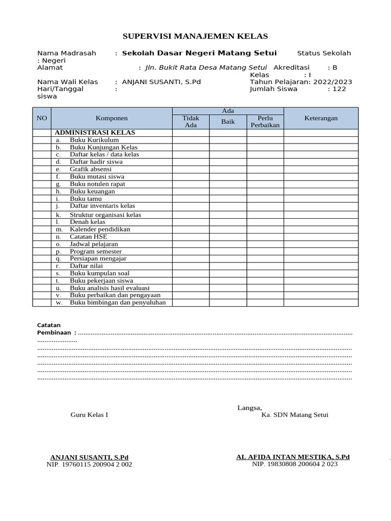 Supervisi Manajemen Kelas SDN Matang Setui | PDF