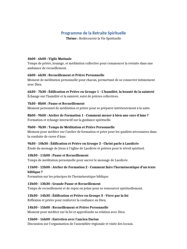 Programme de Retraite Spirituelle 2025 | PDF