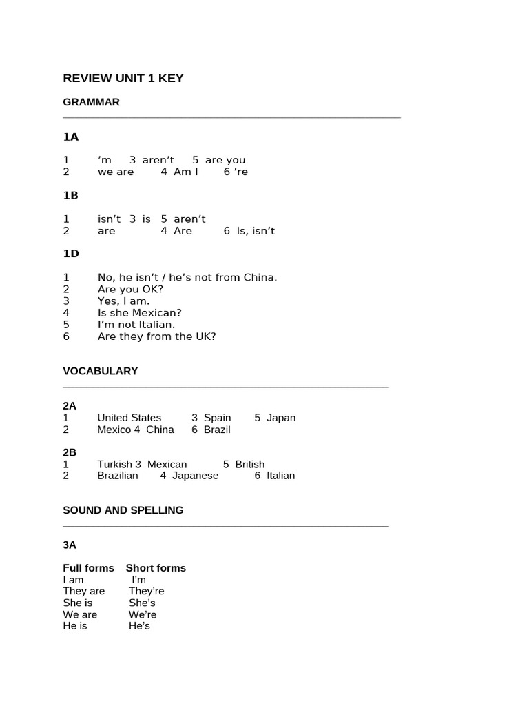 Unit 1 Review Answer Key | PDF