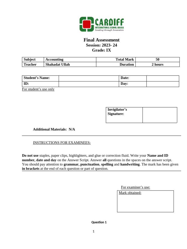 Class 9 Accounting Final Revised | PDF