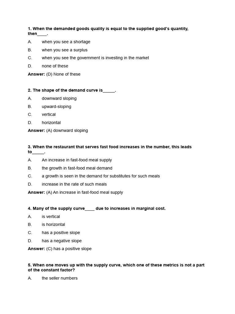 Demand and Supply MCQs with Answers | PDF | Elasticity (Economics) | Demand