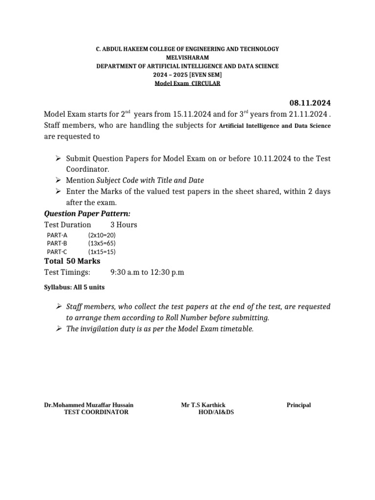 Model Exam Circular for AI & Data Science | PDF | Artificial ...