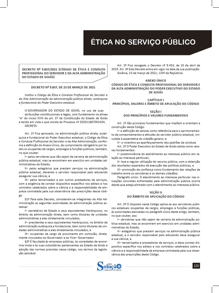 Código De ética Do Servidor De Goiás Pdf Administração Pública