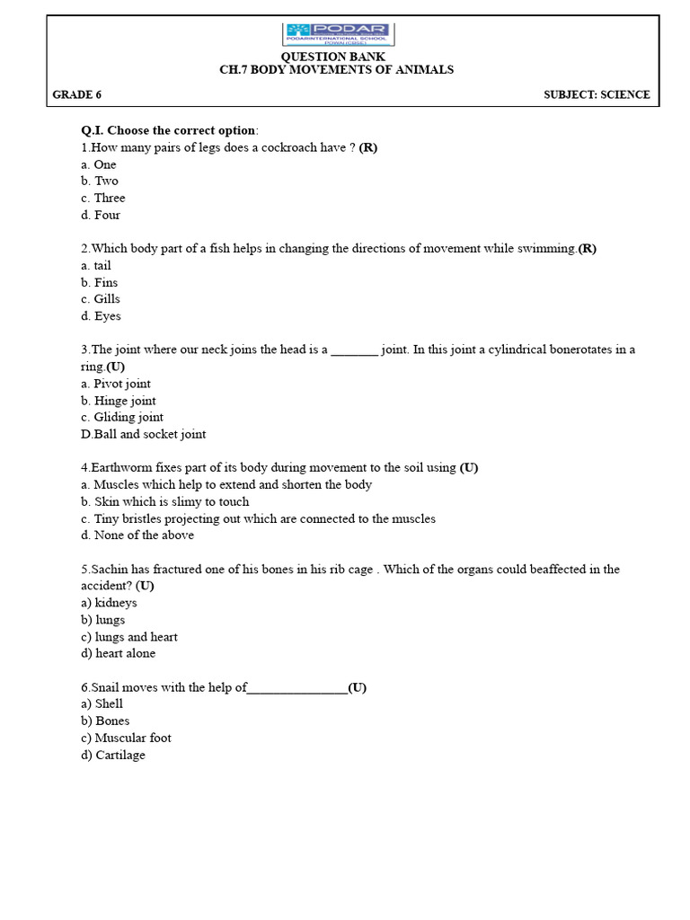 Gr6 - QB - CH - 7 - Body Movement of Animals | PDF | Skeleton ...