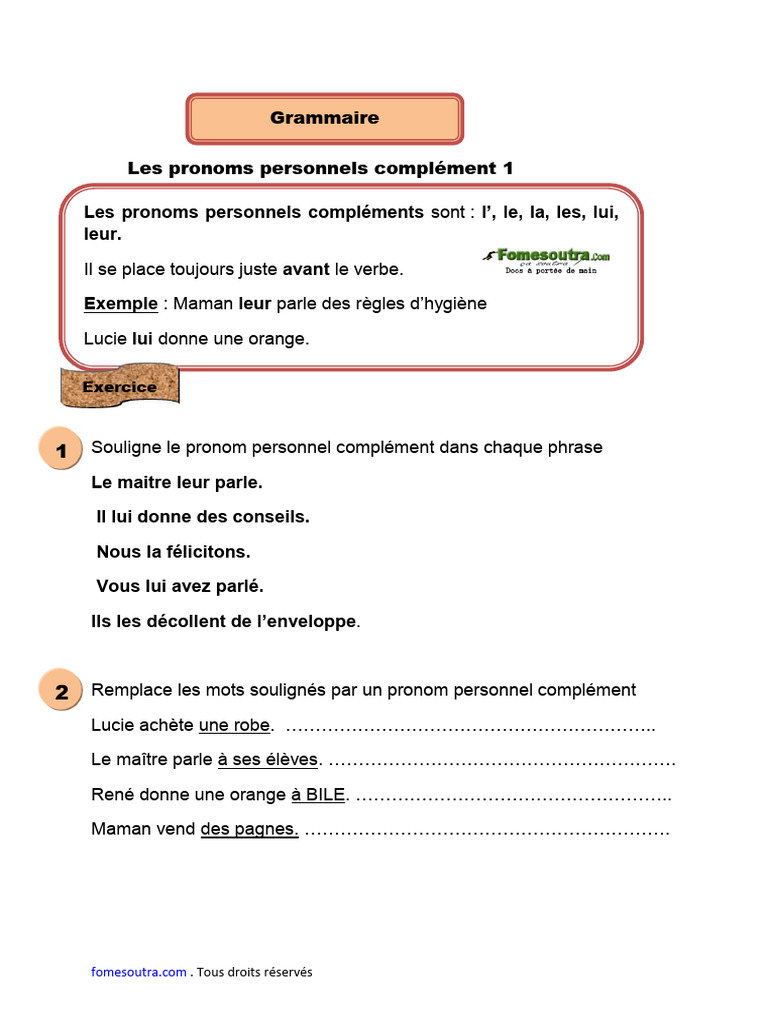 Exercices sur les pronoms personnels CE1 | PDF | Arts du langage et ...