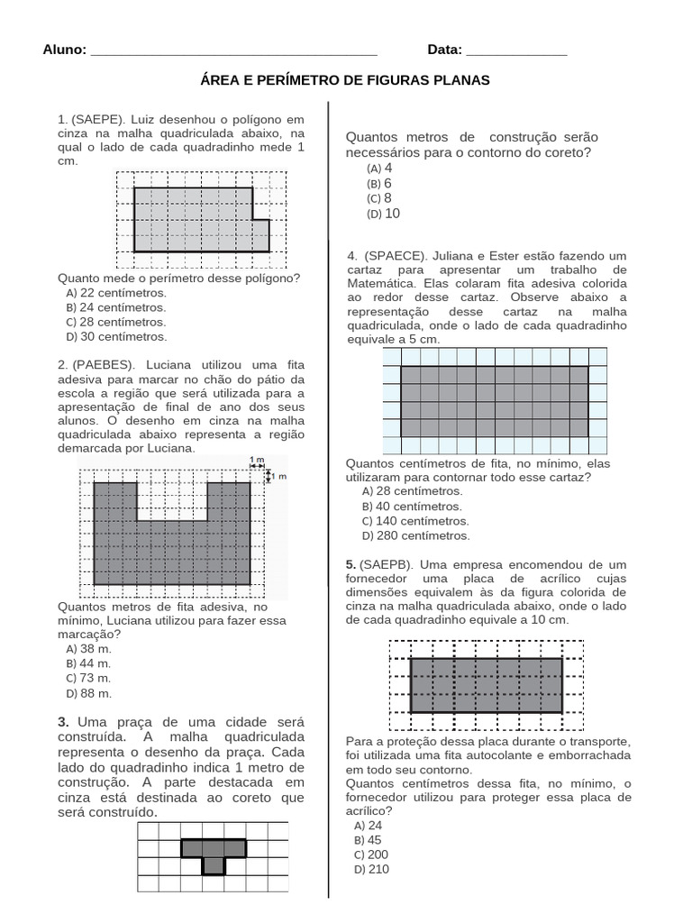 Semana 12 Exercicio Area e Perimetro de Figuras Planas | PDF | Metro ...