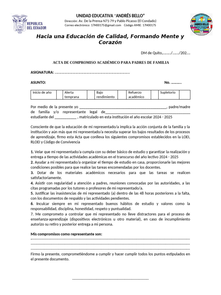 Acta de Compromiso Educativo para Padres de Familia 2024 | PDF | Negocios