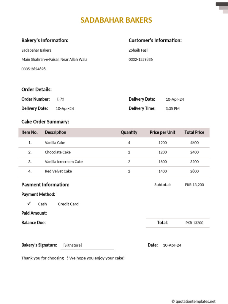 Cake Order Invoice from Sadabahar Bakers | PDF